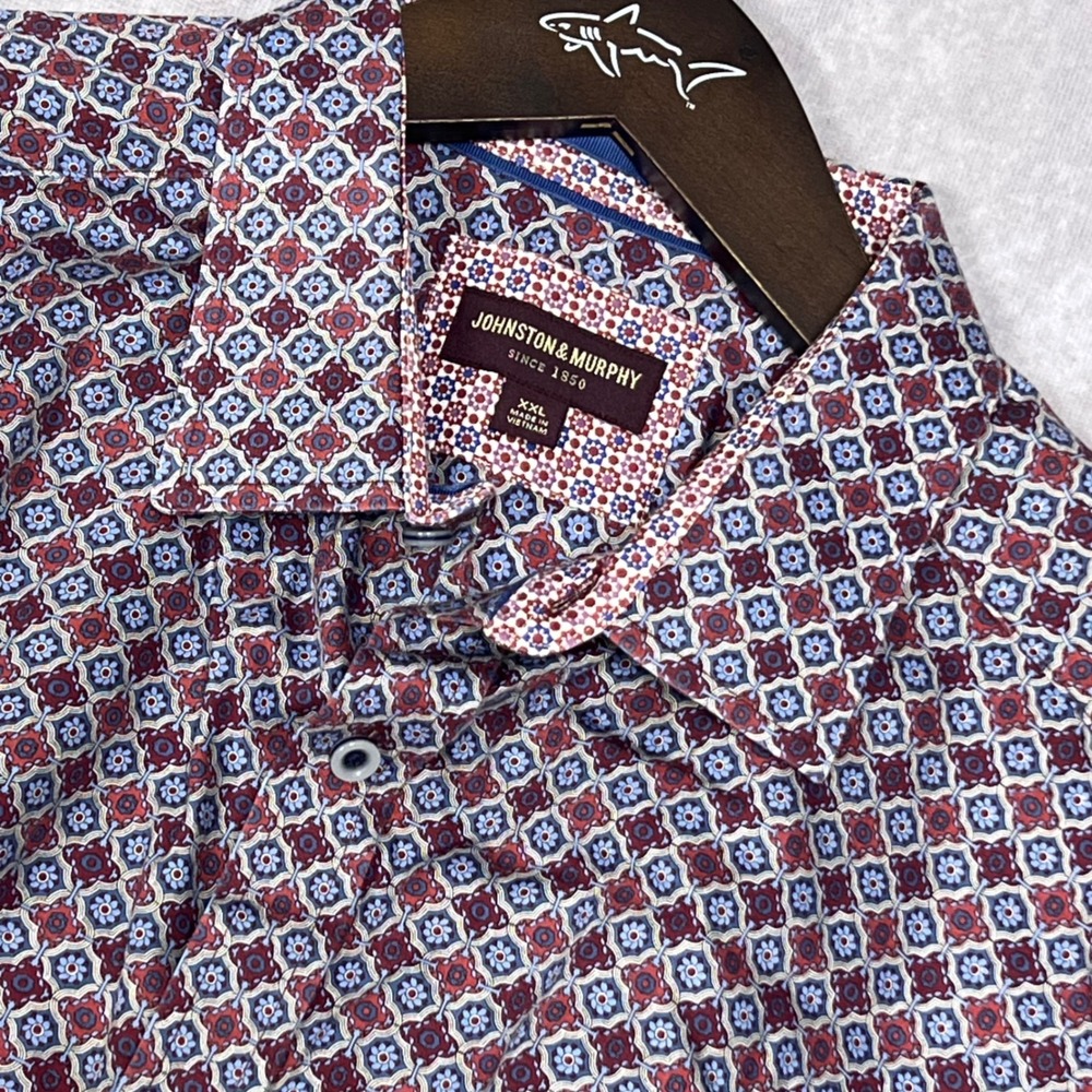Johnston & Murphy Button Down Shirt Mens XXL Burgundy Blue Geometric LS